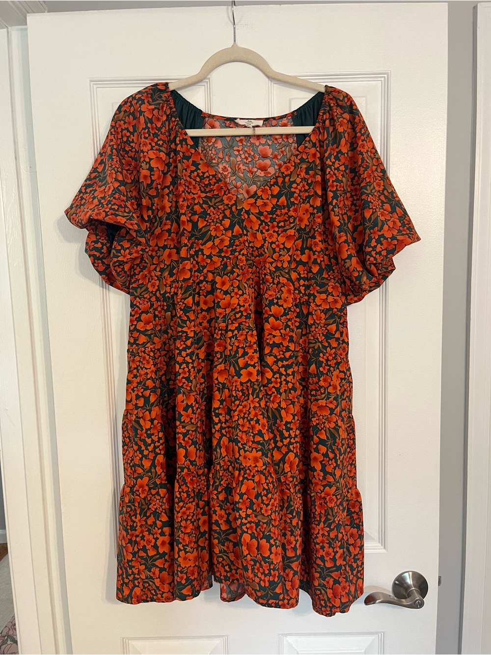entro Orange Floral V-Neck Midi Dress